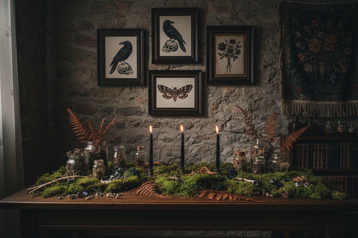 Styled boutique interior with a decorated table, framed wall art, bookshelf, tapestry, and open window.